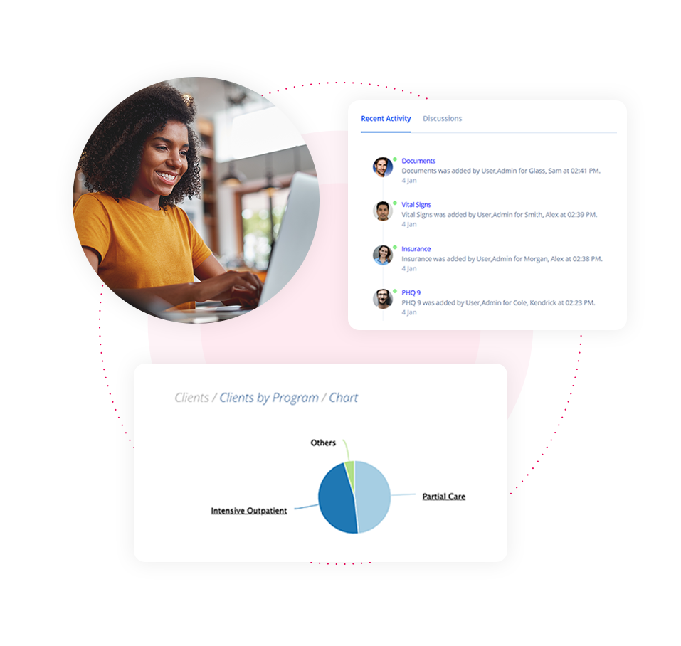 Graphic showing patient dashboards and a woman using a laptop