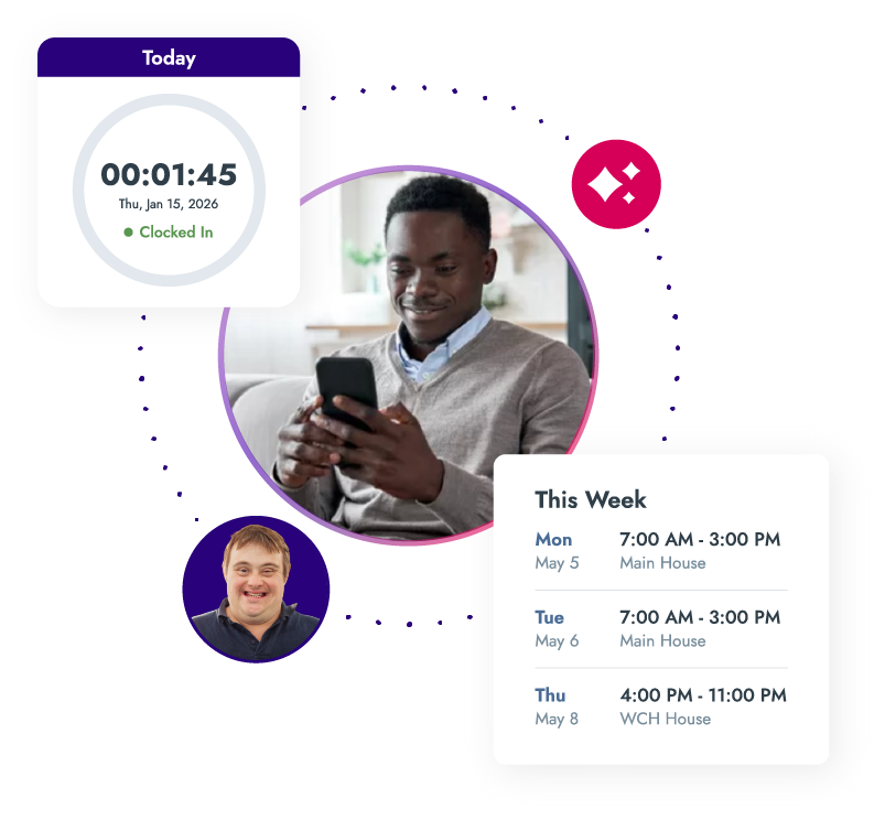 Behavorial health specialist on phone with software bubbles