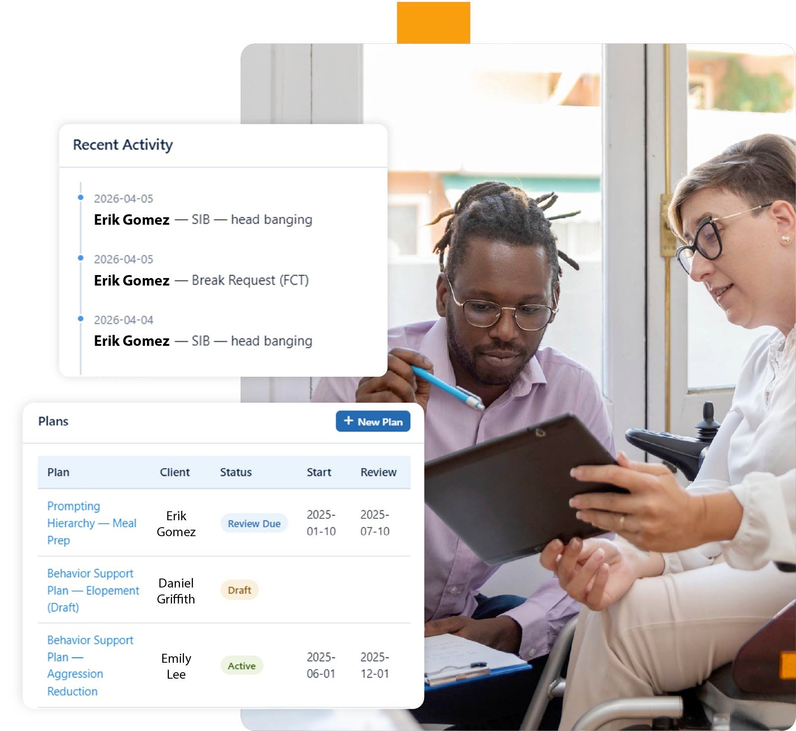 people on tablet with process steps UI