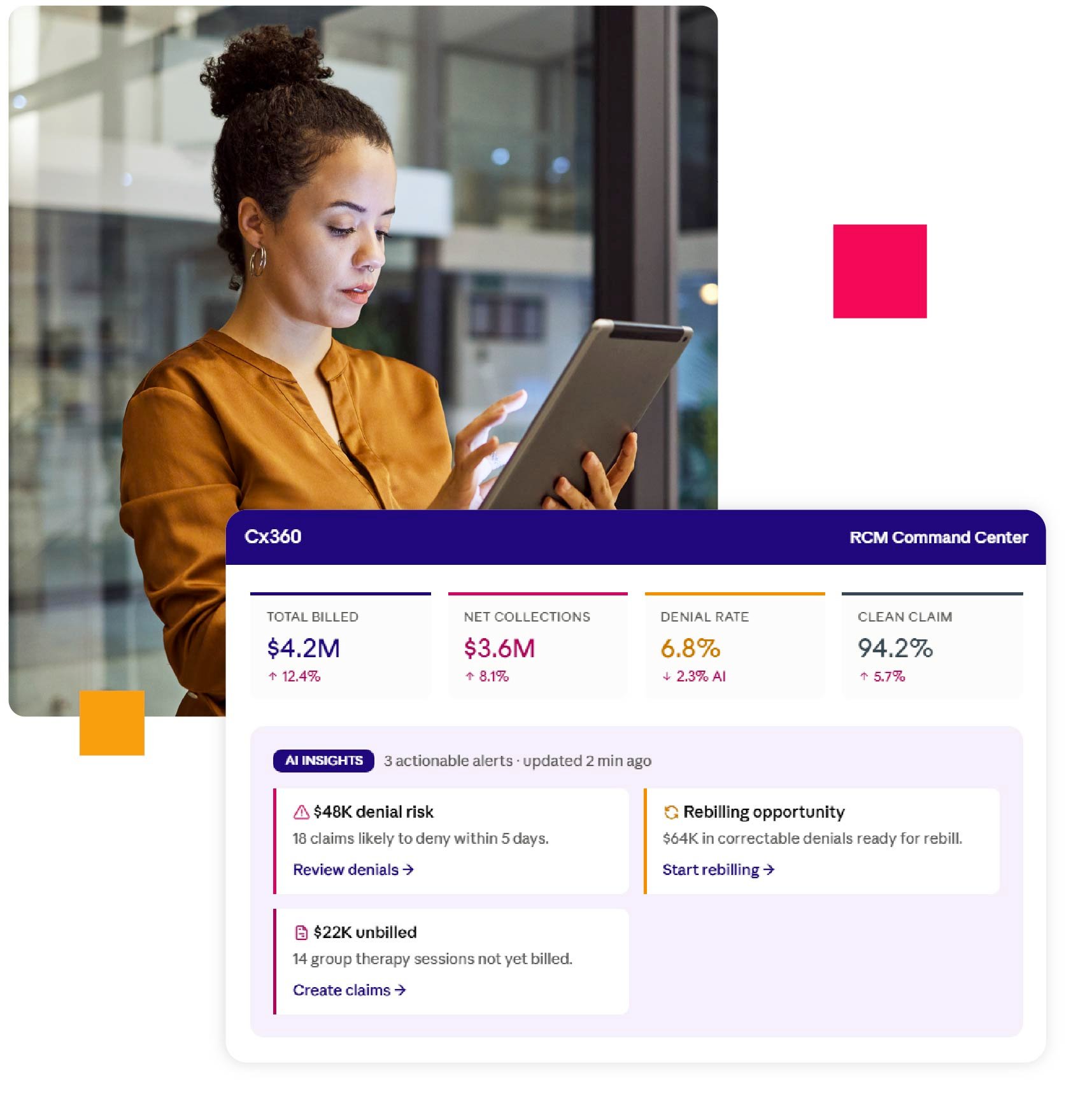 woman on tablet with billing UI