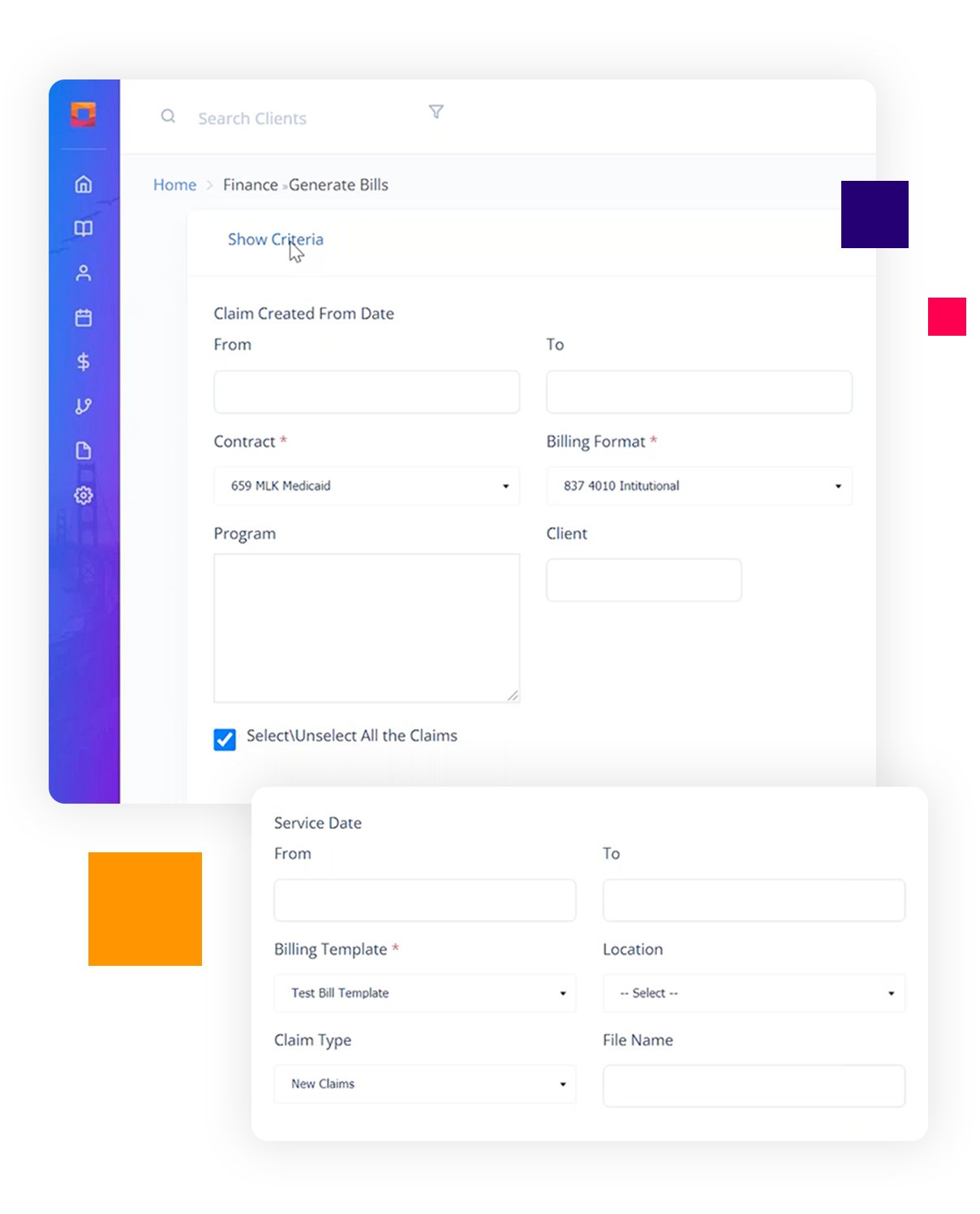 Platform: Home Dashboard > Finance > Generate Bills